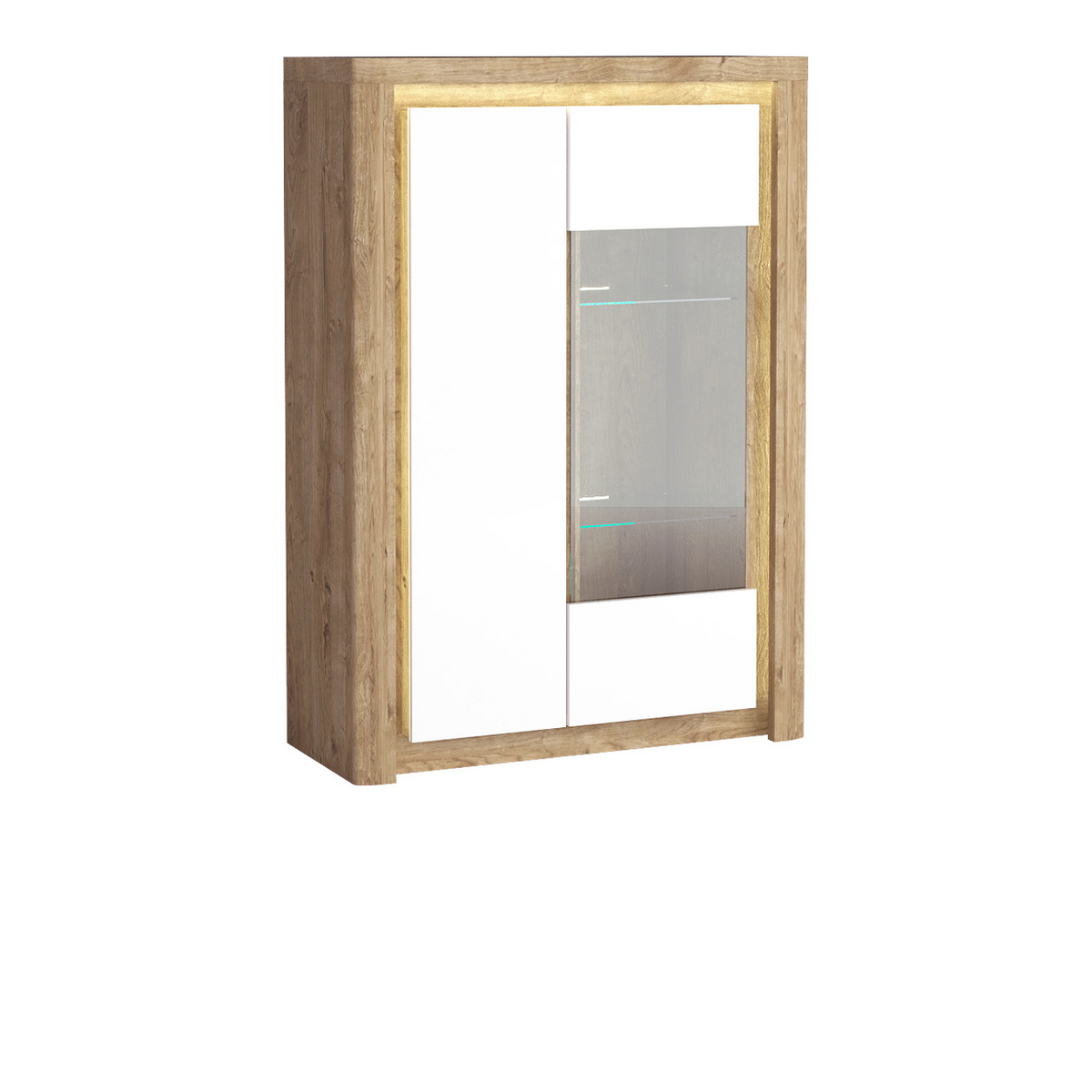 MERUNEO Vitrinen-Highboard 100 cm – Ribbeck / Weiß Hochglanz-Dekor – Ansicht mit eingeschalteter LED-Beleuchtung
