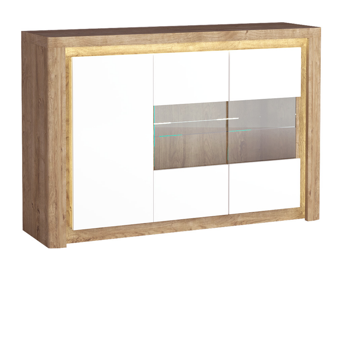 MERUNEO Vitrinenkommode 144 cm – Ribbeck / Weiß Hochglanz-Dekor – Ansicht mit eingeschalteter LED-Beleuchtung