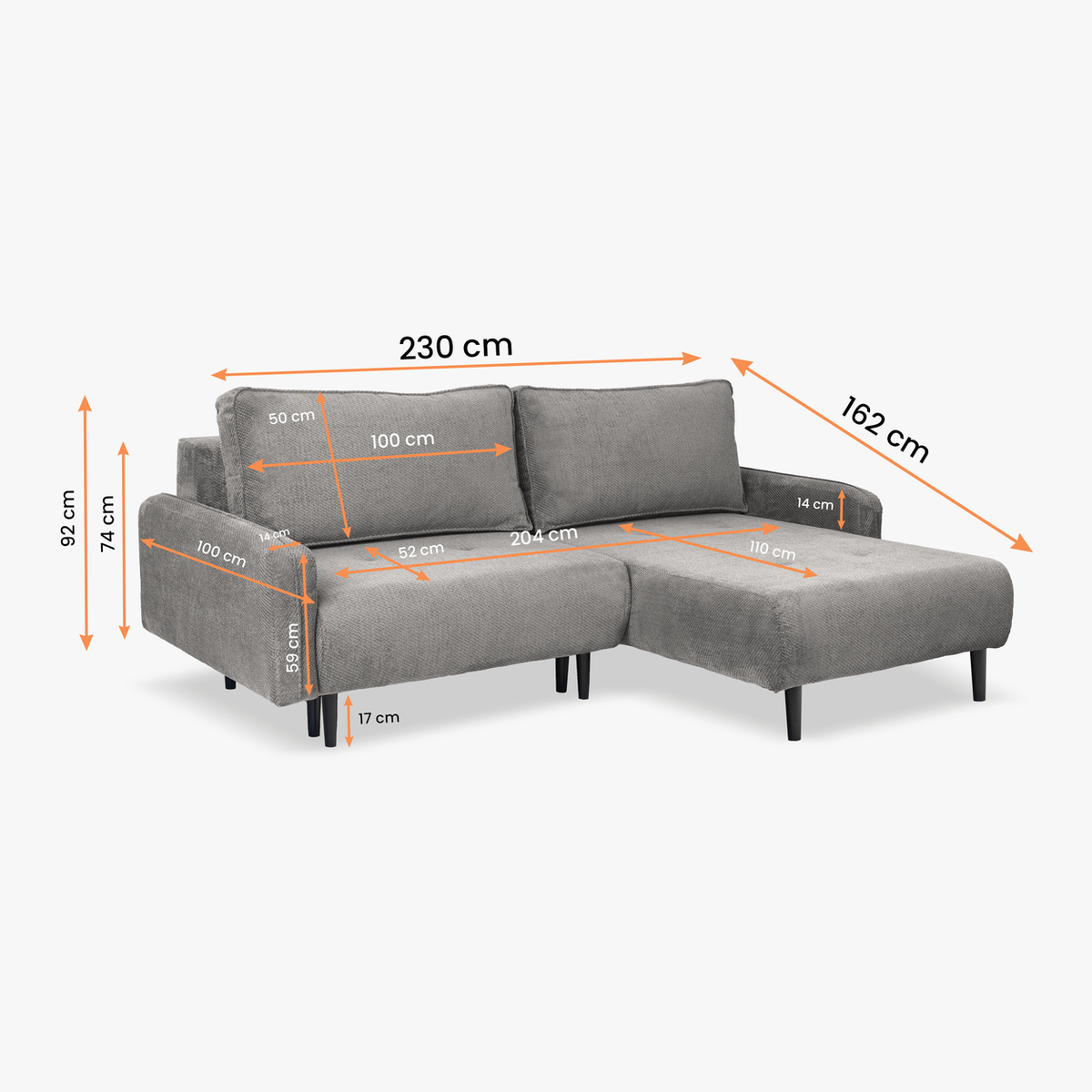 META Ecksofa 230 cm – mit Schlaffunktion und Bettkasten – Maße
