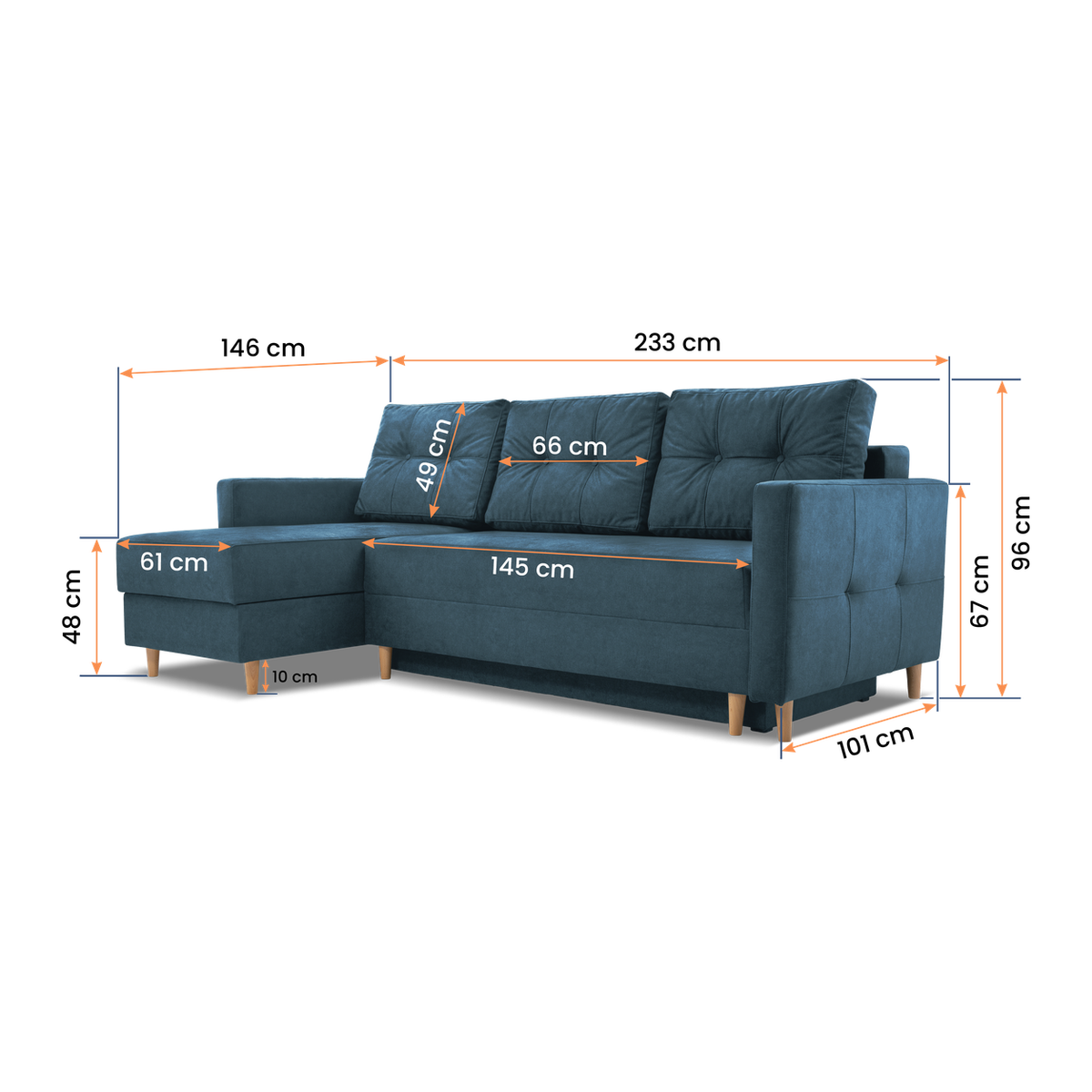 METRO Ecksofa 233 cm – mit Schlaffunktion und Bettkasten – Maße