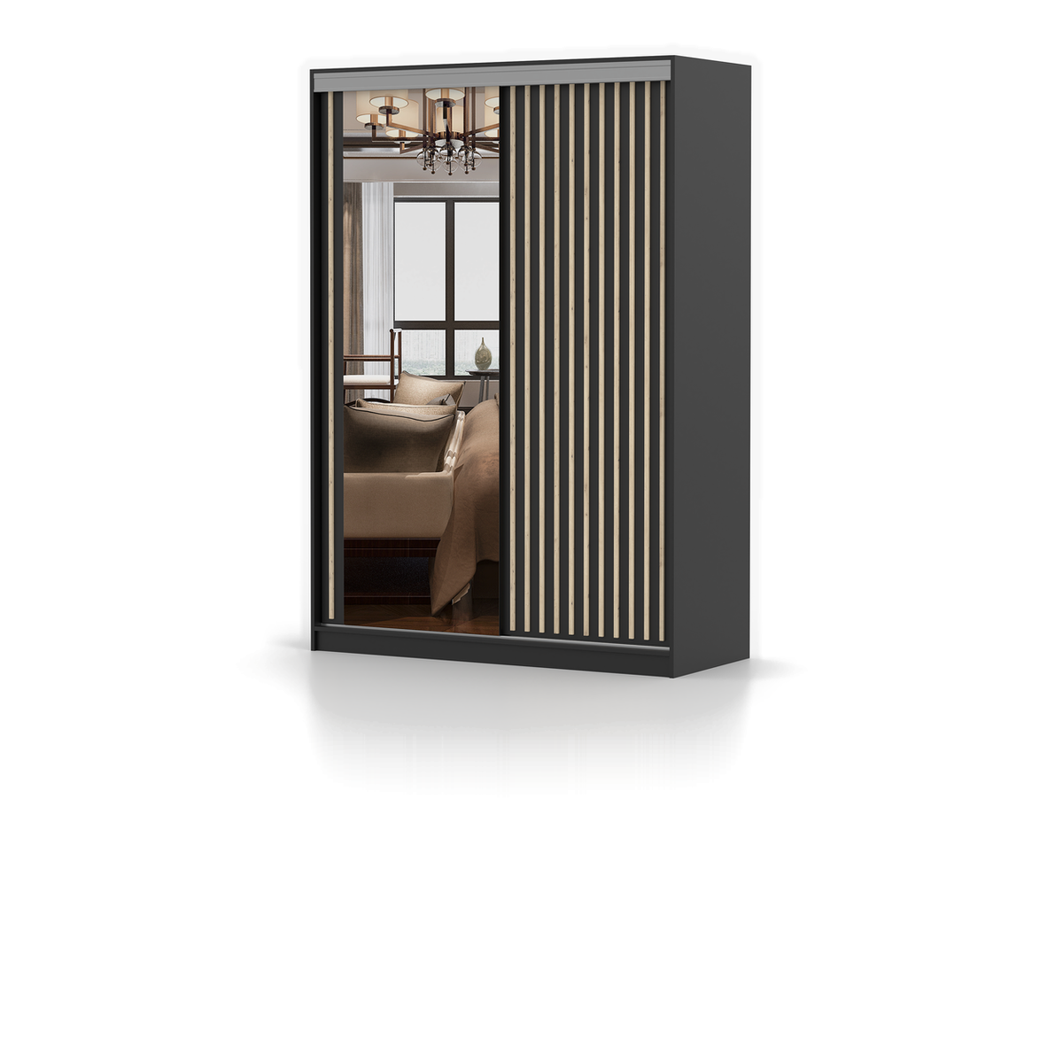 MILAN KINGSTON Schwebetürenschrank 150 cm mit Spiegel – Schwarz