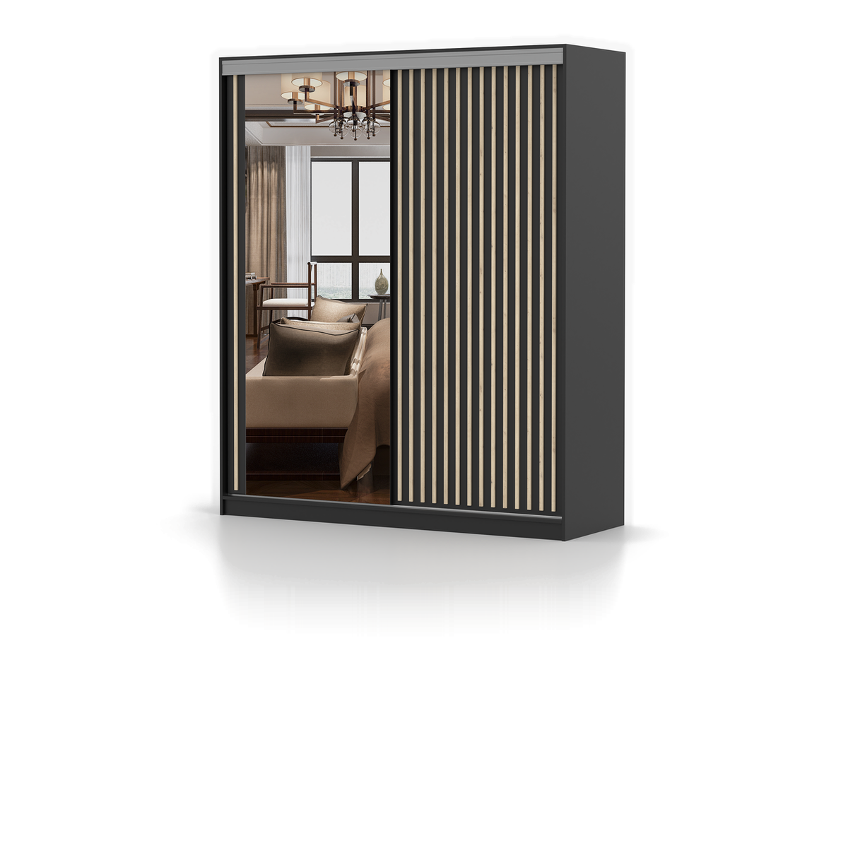MILAN KINGSTON Schwebetürenschrank 180 cm mit Spiegel – Schwarz