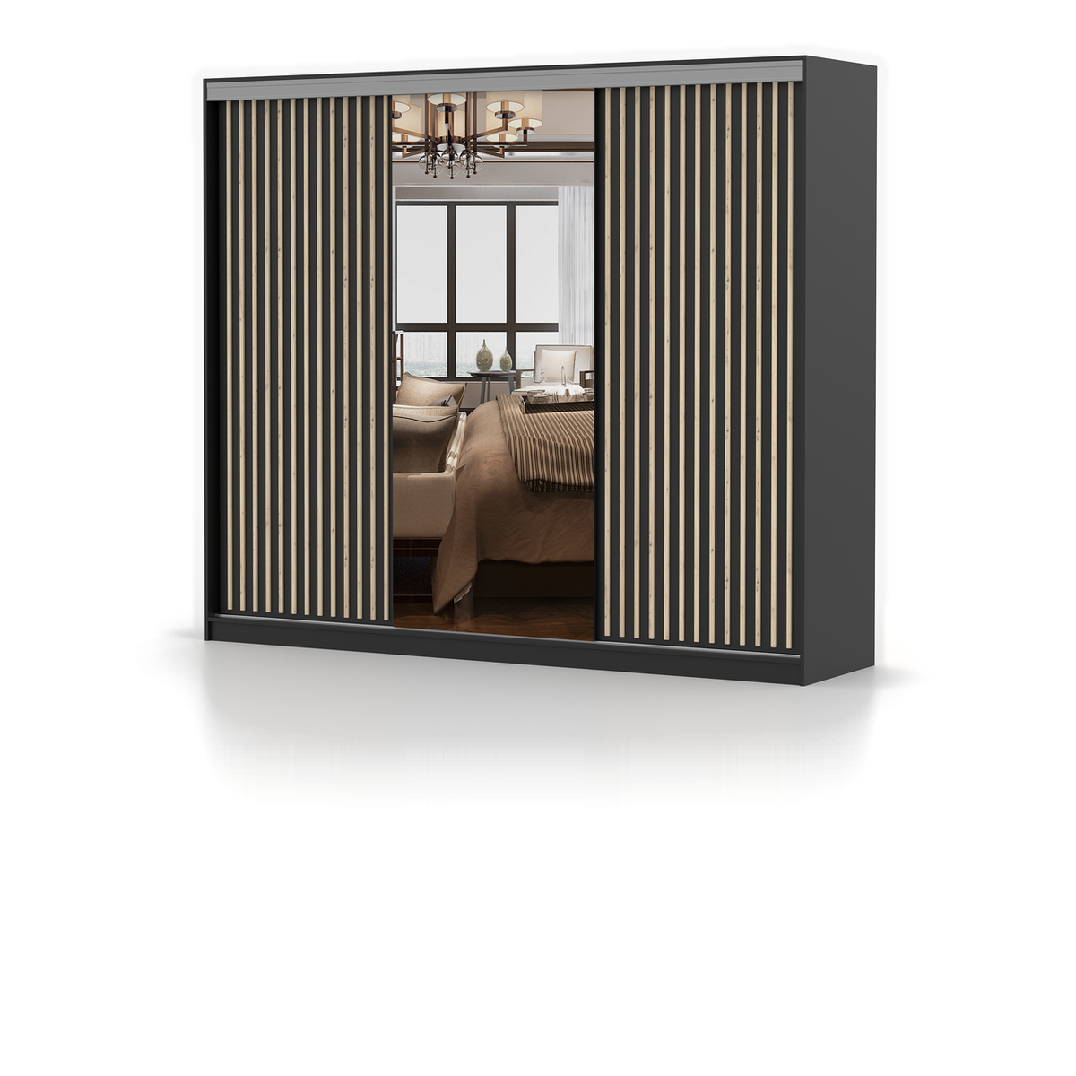 MILAN KINGSTON Schwebetürenschrank 250 cm mit Spiegel – Schwarz