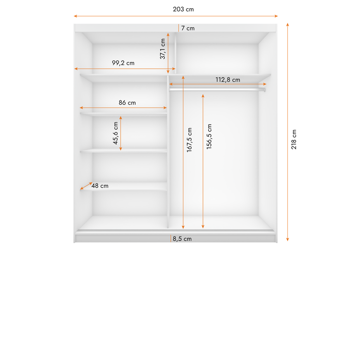 MULTI 32 Schwebetürenschrank 203 cm mit Spiegel – Maße