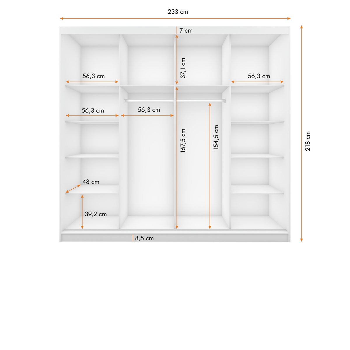 MULTI 32 Schwebetürenschrank 233 cm mit Spiegel – Maße