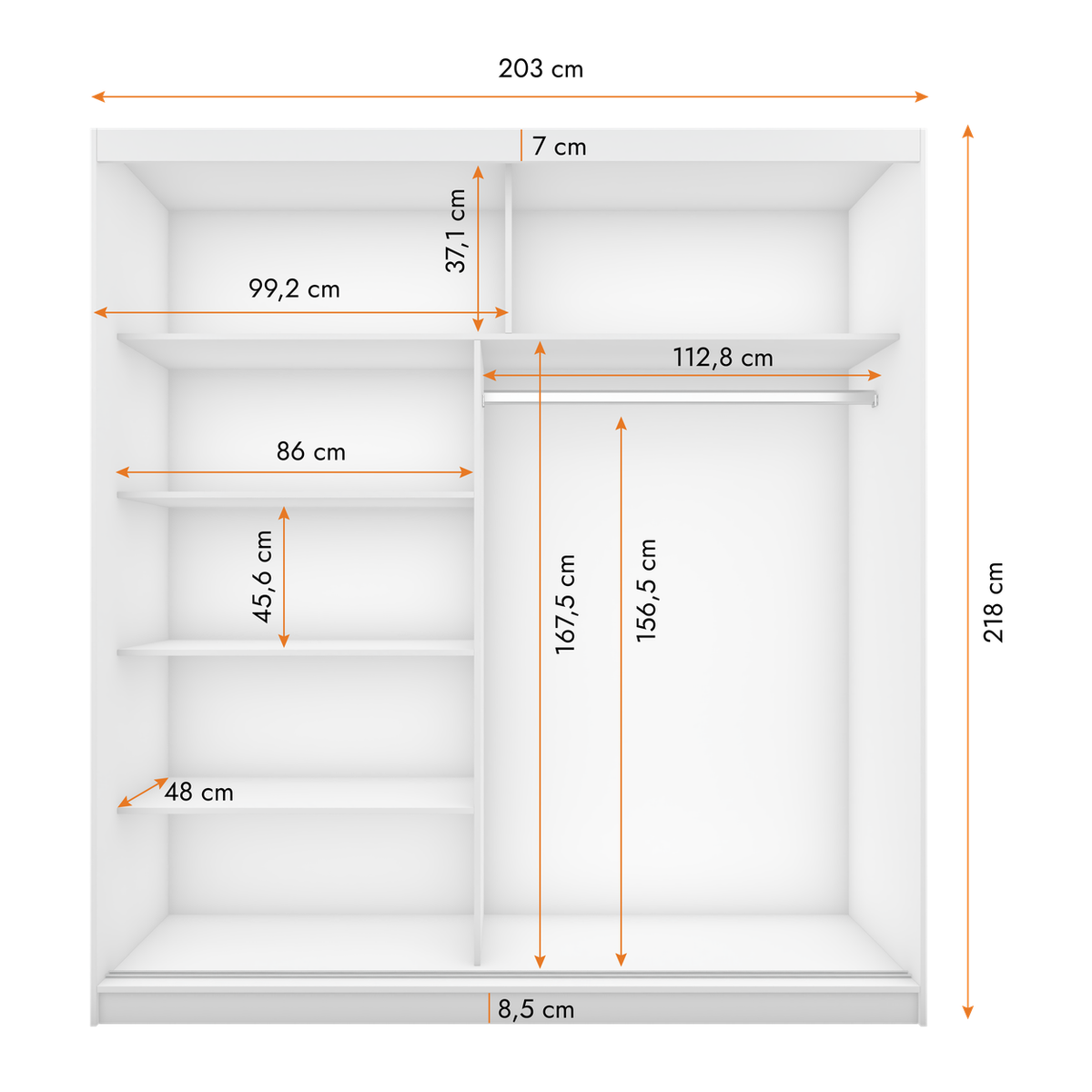 MULTI 35 Schwebetürenschrank 203 cm mit Spiegel – Maße