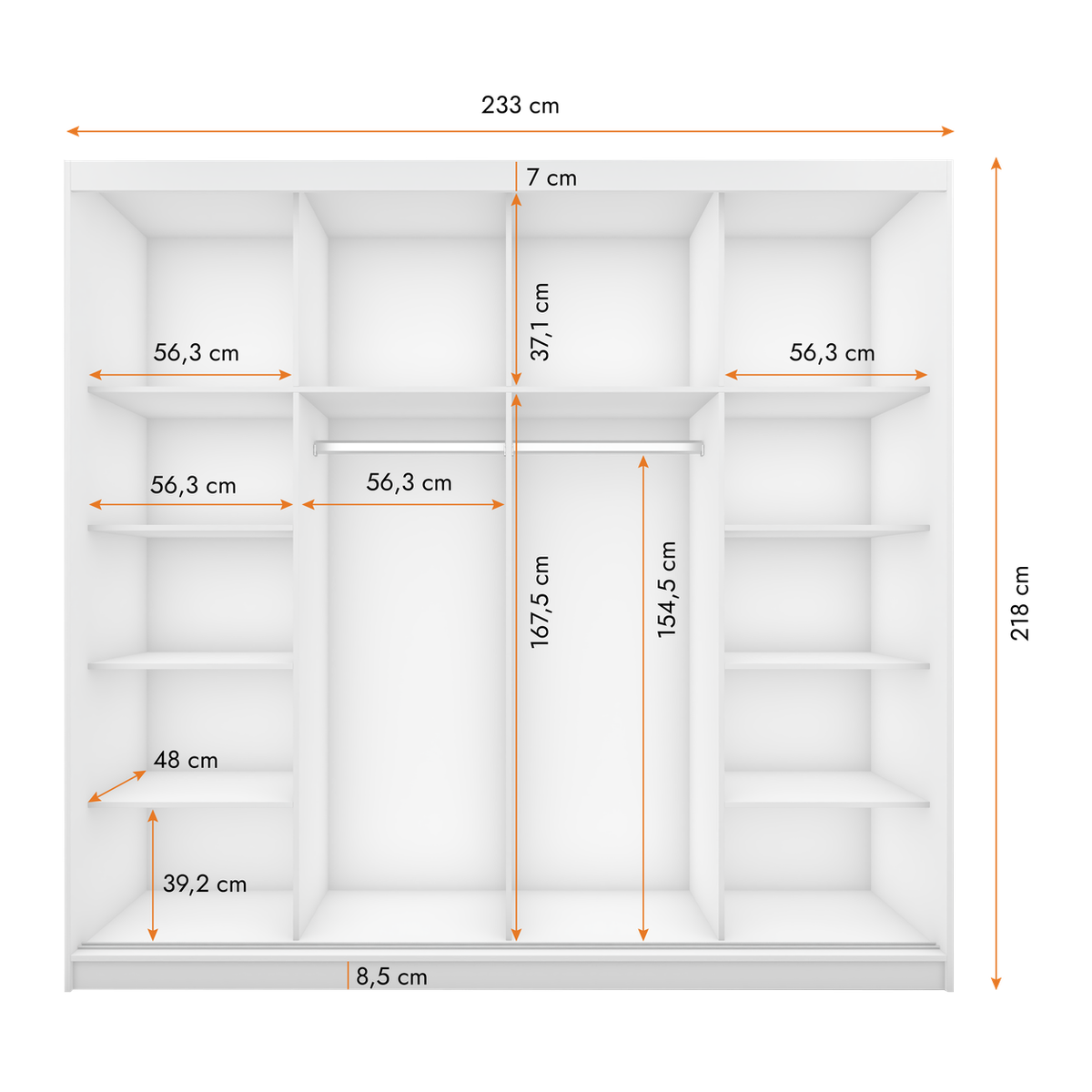 MULTI 35 Schwebetürenschrank 233 cm mit Spiegel – Maße