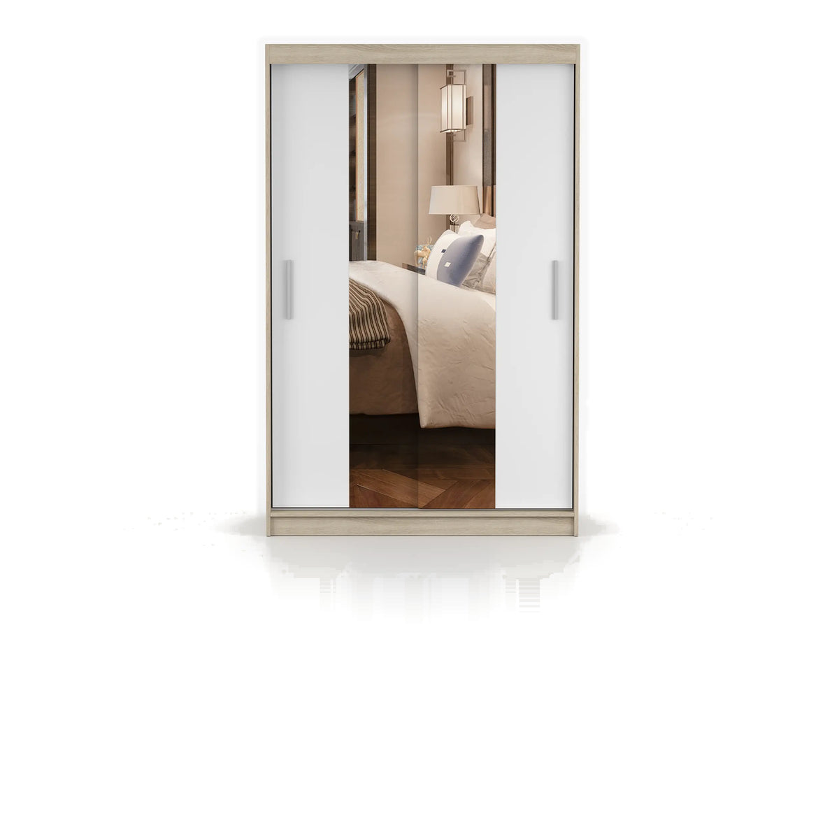 NEOMI 01 Schwebetürenschrank 120 cm mit Spiegel – Sonoma - Weiß