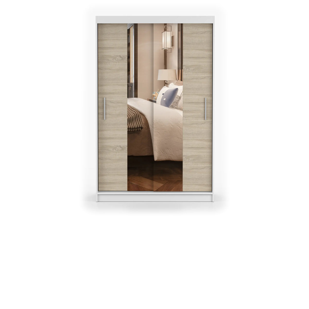 NEOMI 01 Schwebetürenschrank 120 cm mit Spiegel – Weiß - Sonoma