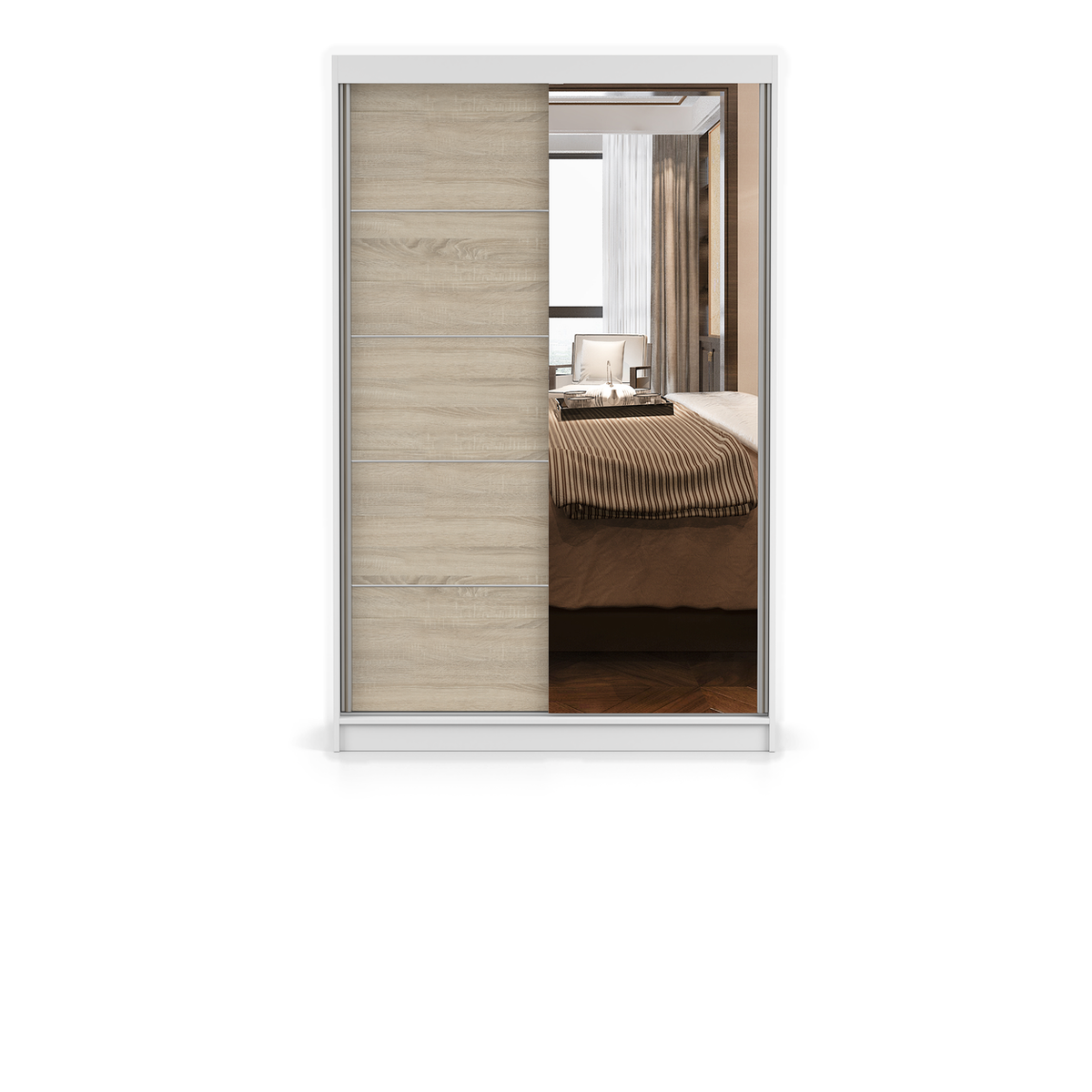 NEOMI 05 Schwebetürenschrank 120 cm mit Spiegel – Weiß - Sonoma