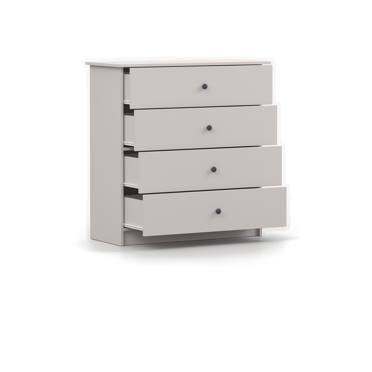 OLAF Kommode 4S 95 cm – Kaschmir mit Griffen in Anthrazit – Geöffnete Schubladen