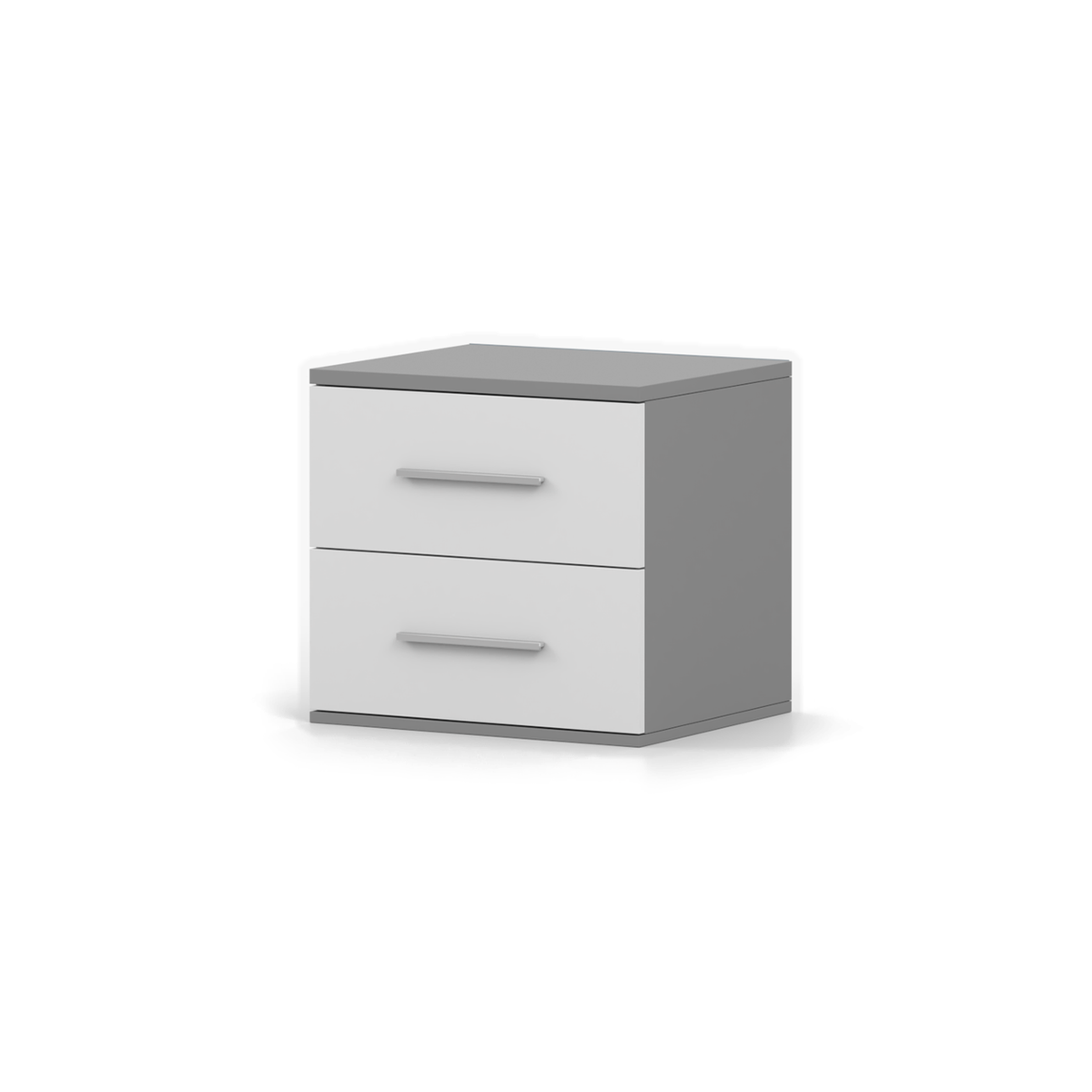OMEGA Nachttisch 55 cm – 2 Schubladen – Schrägansicht rechts Grau / Weiß