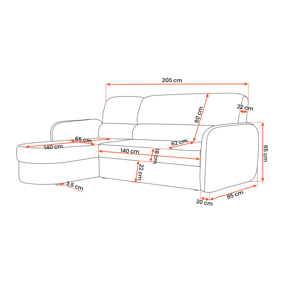 PRESTON Ecksofa 246 cm – mit Schlaffunktion und Bettkasten – Maße