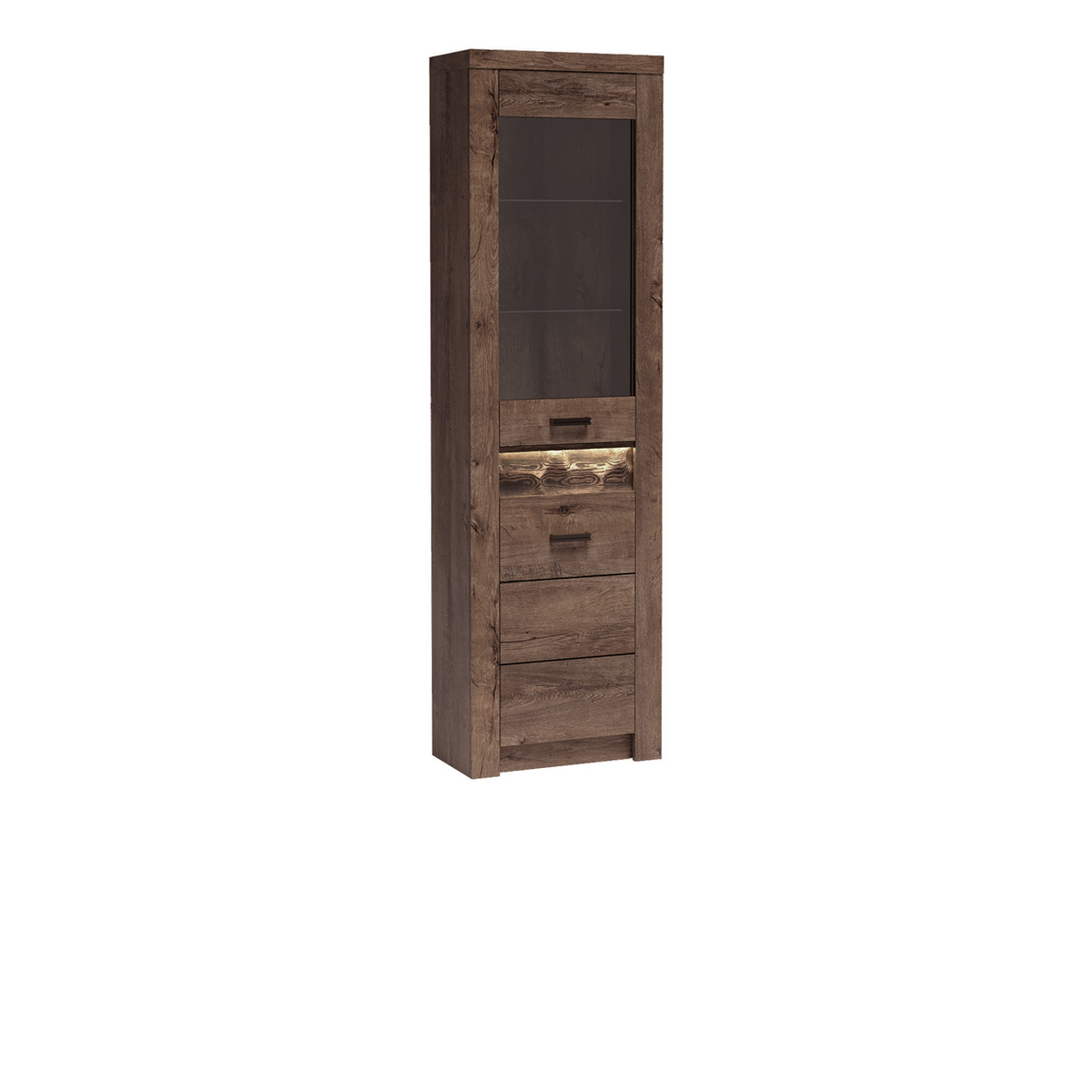 RAVNIA Eckvitrine 56 cm – Esche Dunkel-Dekor – Vorderansicht