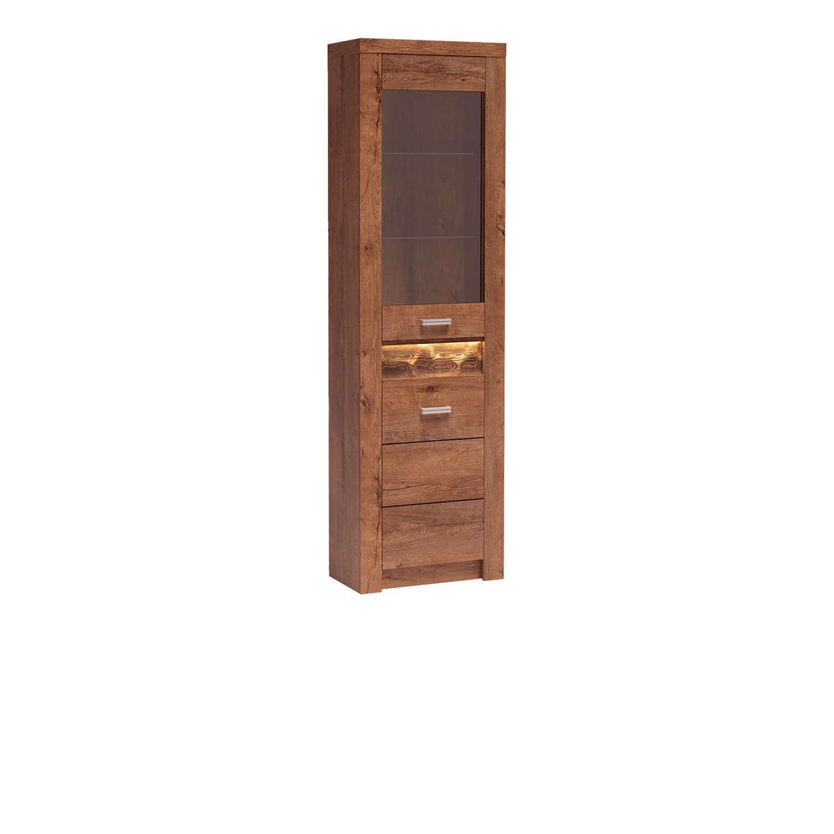 RAVNIA Eckvitrine 56 cm – Esche Hell-Dekor – Vorderansicht