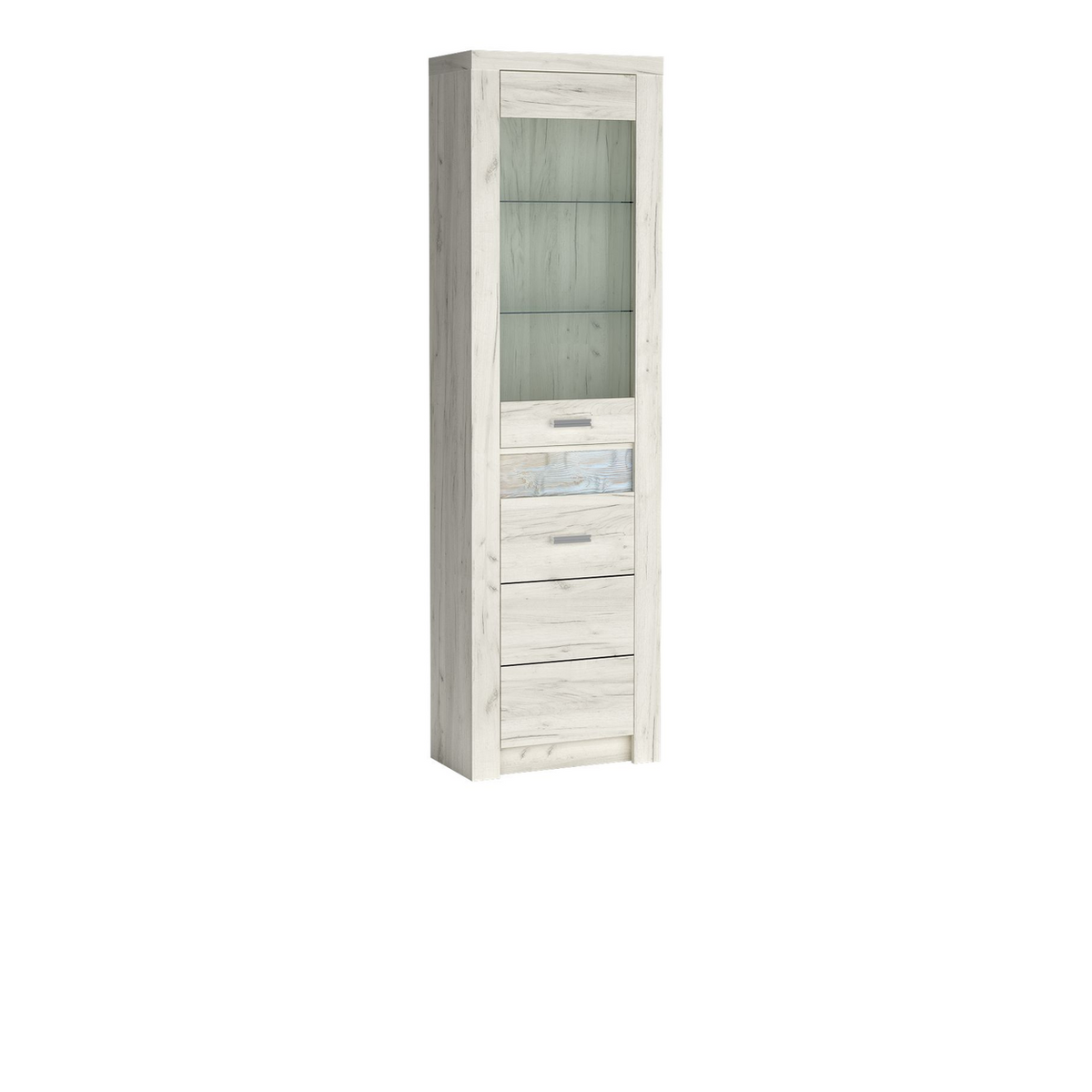 RAVNIA Eckvitrine 56 cm – Kraft Weiß-Dekor – Vorderansicht