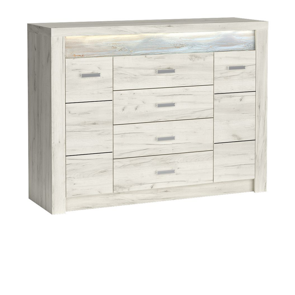 RAVNIA Kommode 137 cm – Kraft Weiß-Dekor – Vorderansicht