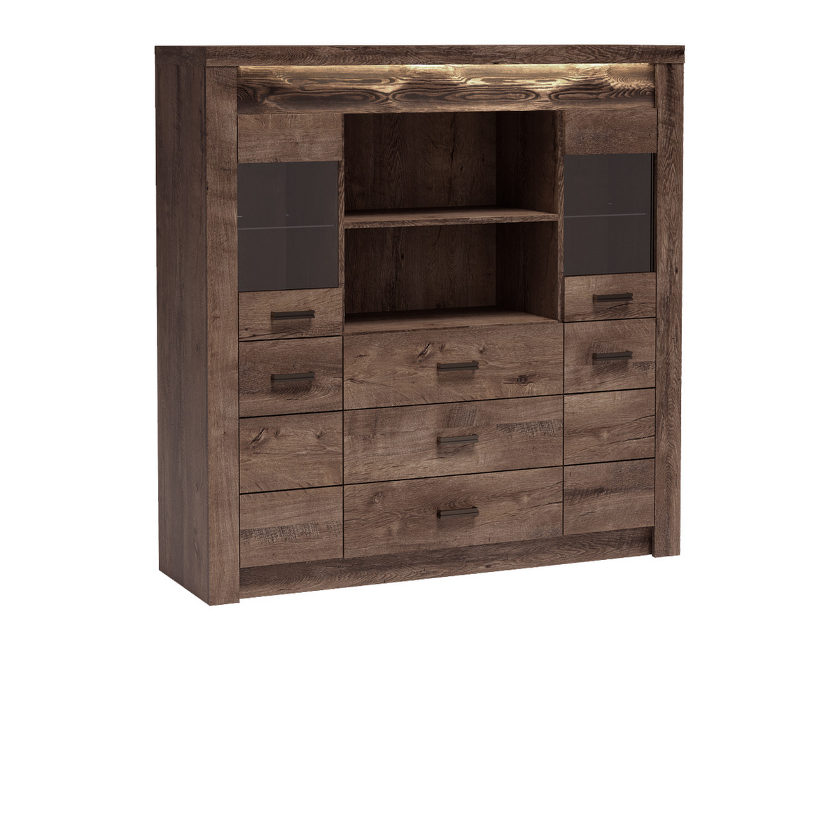 RAVNIA Vitrinen-Highboard 137 cm – Esche Dunkel-Dekor – Vorderansicht