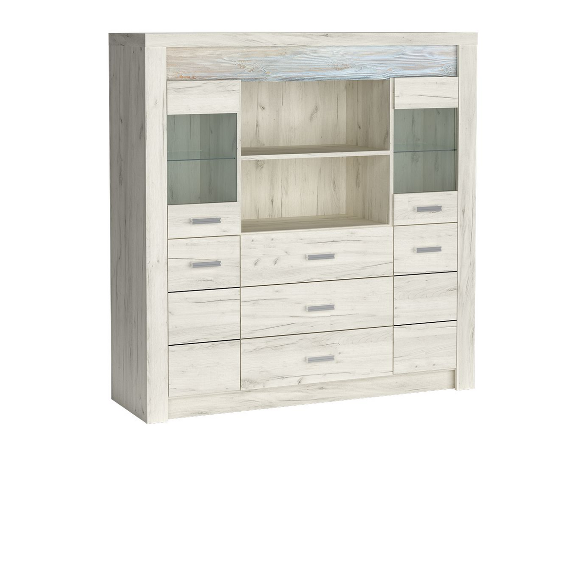 RAVNIA Vitrinen-Highboard 137 cm – Kraft Weiß-Dekor – Vorderansicht