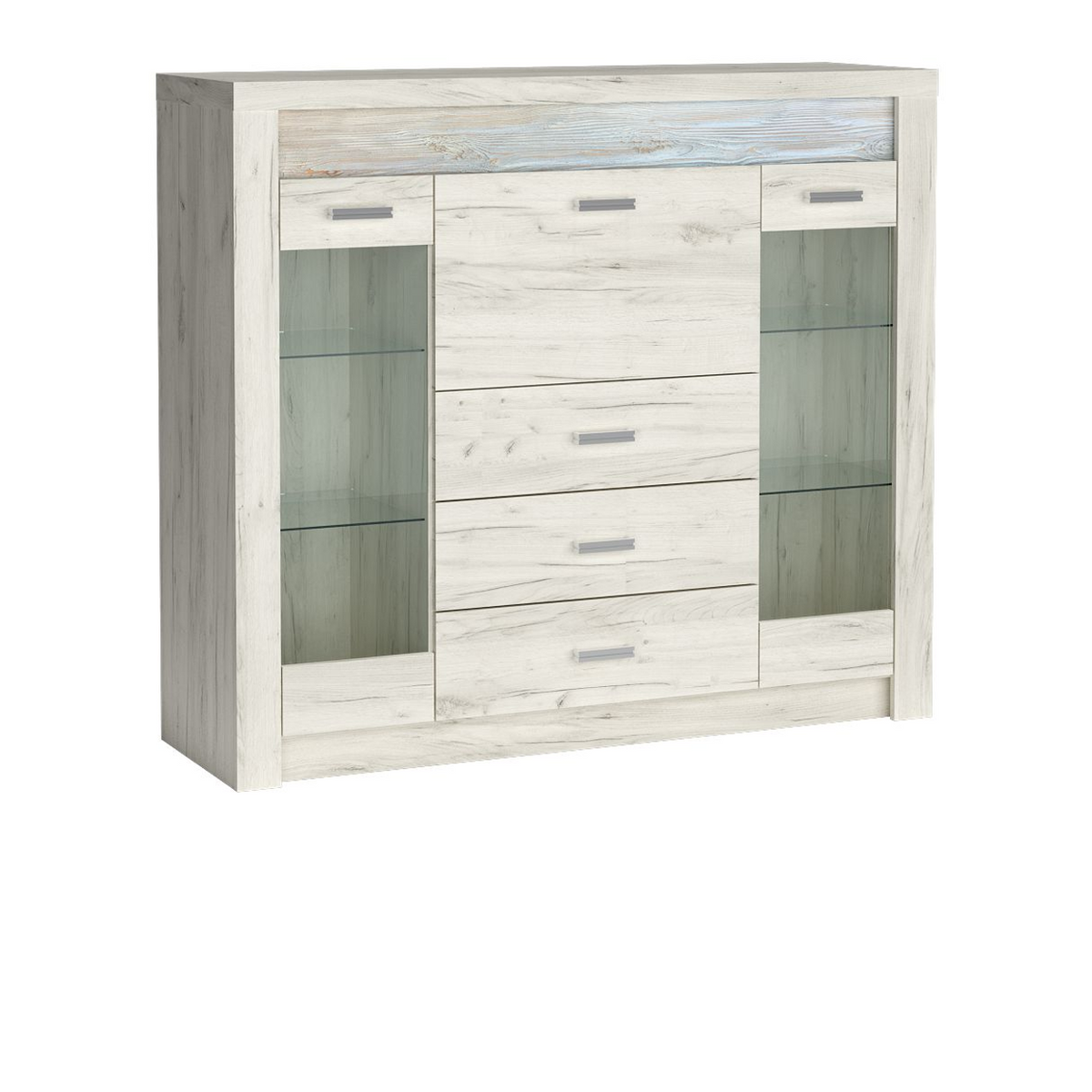 RAVNIA Vitrinenkommode 137 cm – Kraft Weiß-Dekor – Vorderansicht