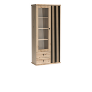 SAVNIA Vitrine 86,4 cm – Artisan-Eiche / Schwarz-Dekor – Vorderansicht