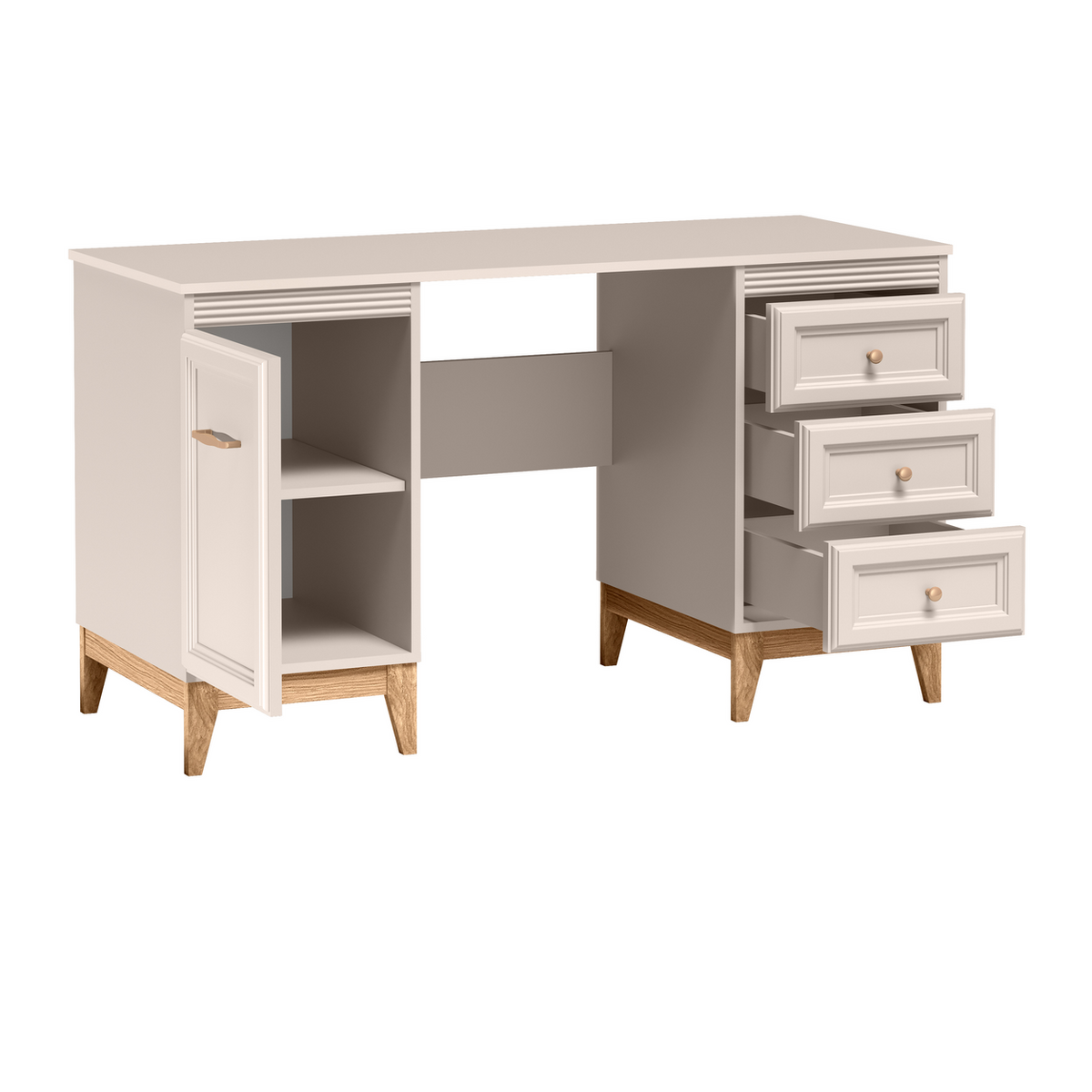 SELUNEO Schreibtisch 138 cm – Kaschmir / Natureiche-Dekor – Innenansicht geöffnet