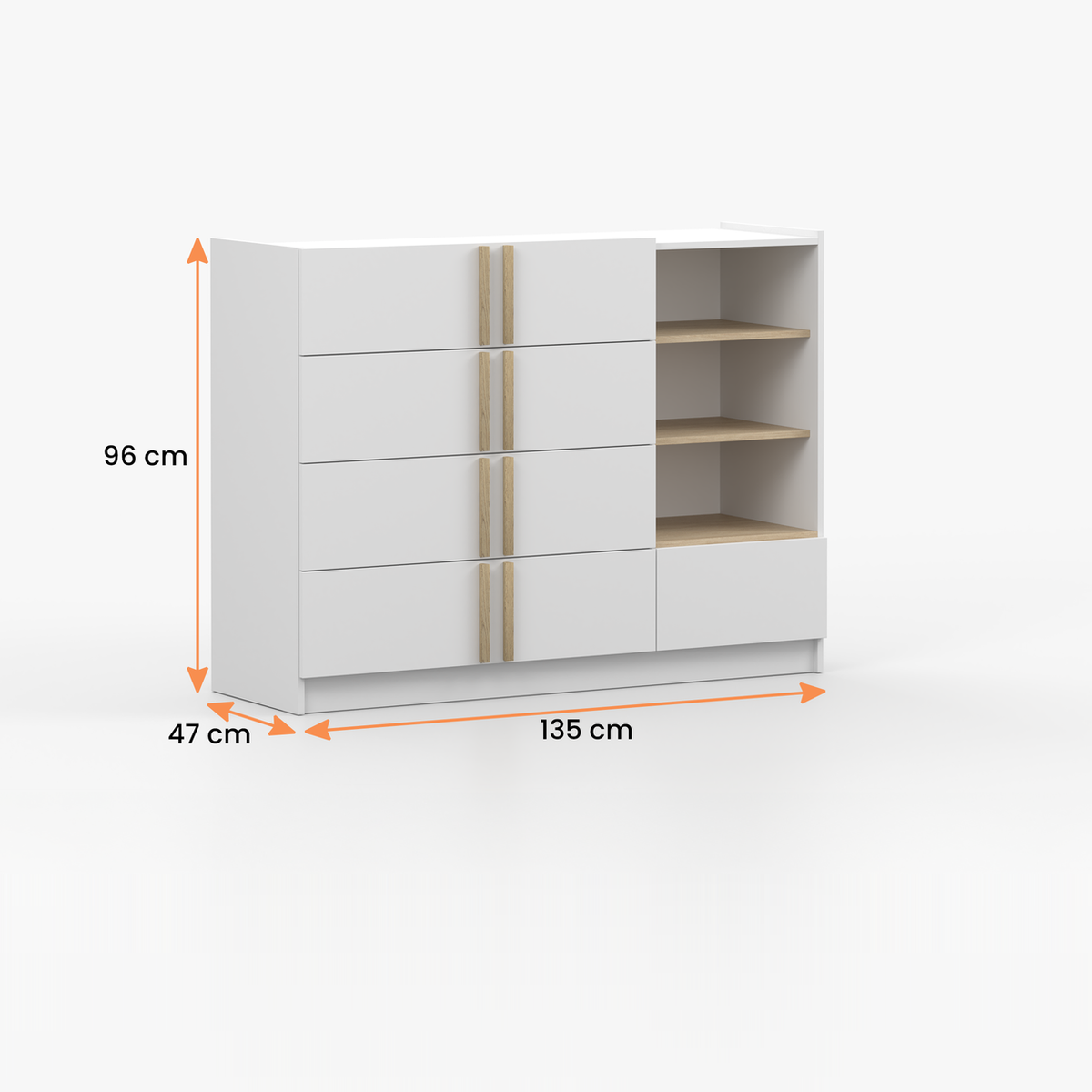 SEVILLA Kommode 5S 135 cm – Weiß – Vermassung