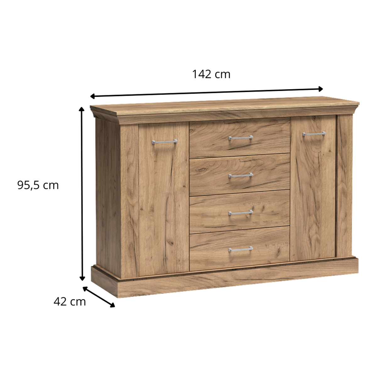 TAVNIA Kommode 142 cm in Kraft-Gold-Dekor – Maße (Breite, Tiefe und Höhe)