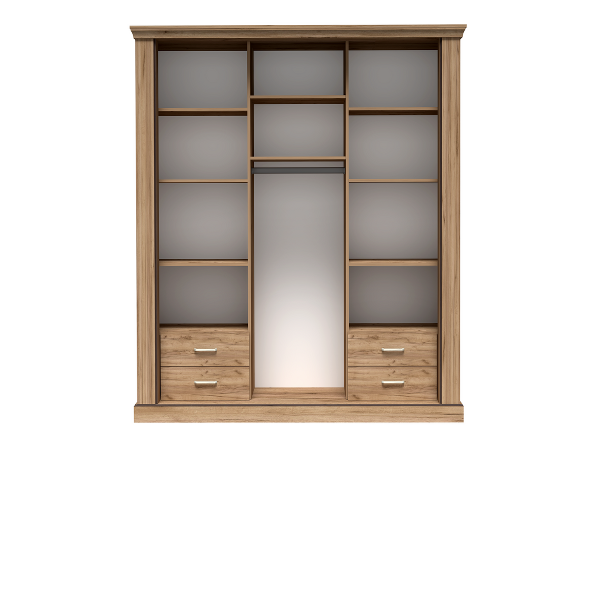 TAVNIA Schwebetürenschrank 185 cm – Kraft Gold-Dekor – Innenansicht geöffnet