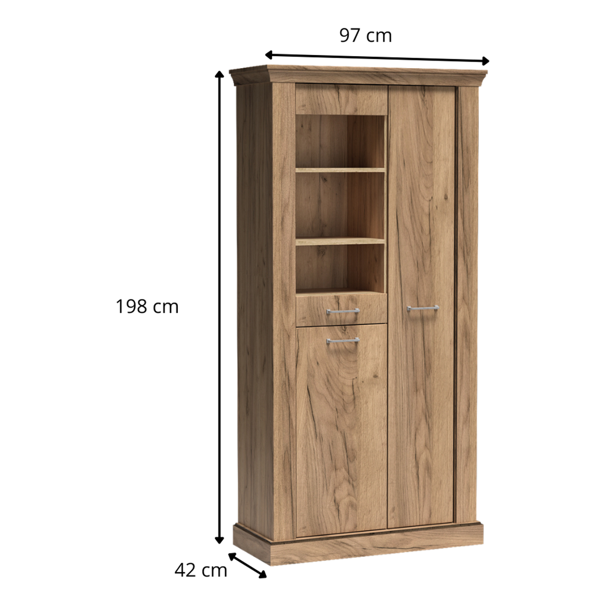 TAVNIA Vitrine 97 cm in Kraft-Gold-Dekor – Maße (Breite, Tiefe und Höhe)