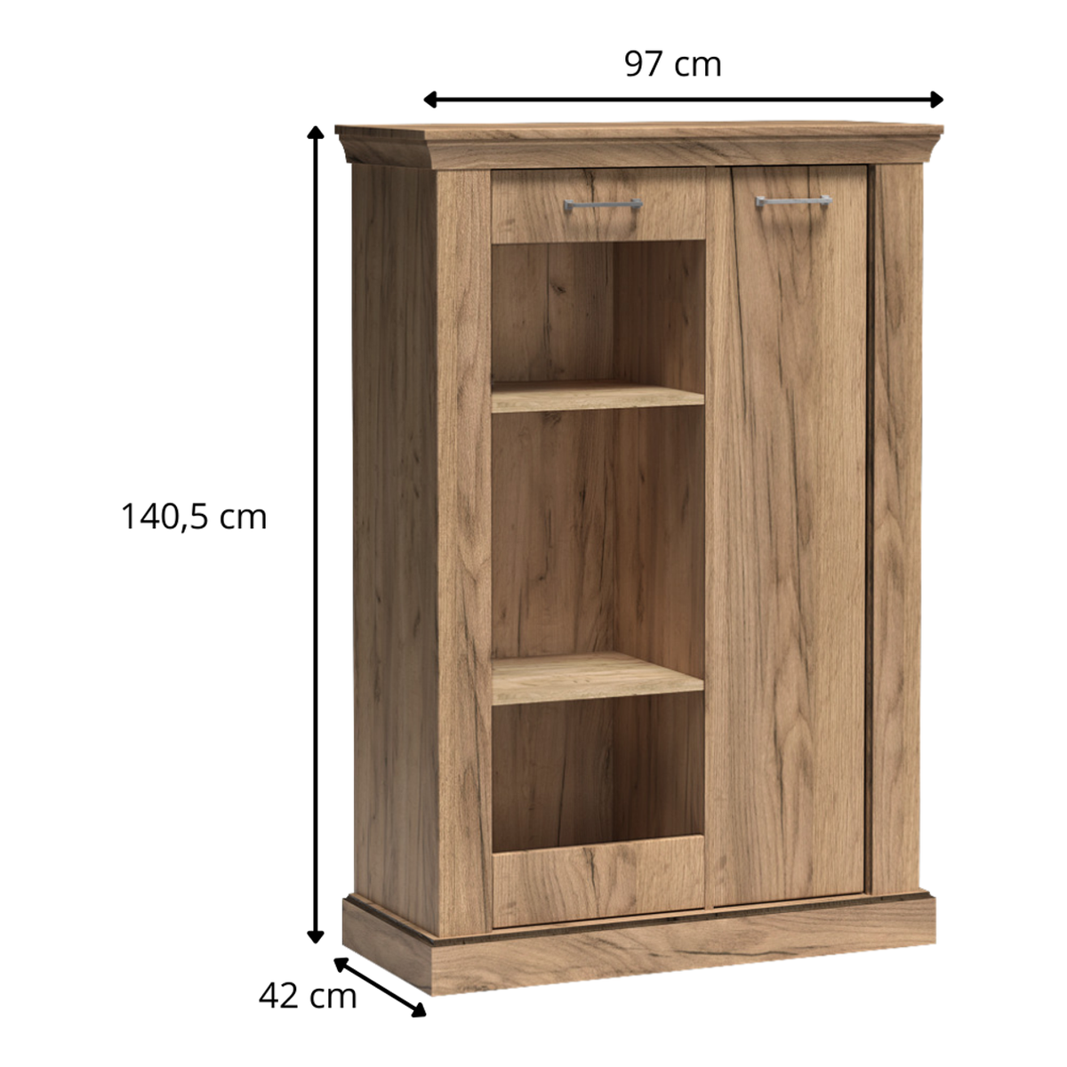 TAVNIA Vitrinen-Highboard 97 cm in Kraft-Gold-Dekor – Maße (Breite, Tiefe und Höhe)