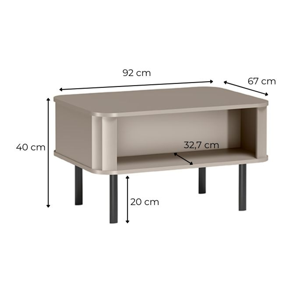 TELUNEO Couchtisch 92 cm – Maße (Breite, Tiefe und Höhe)