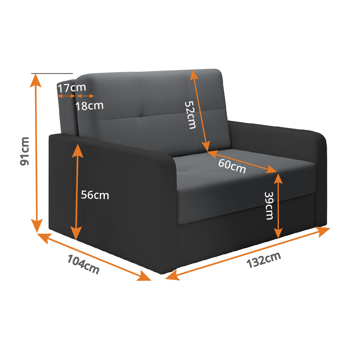TOP II Schlafsofa 132 cm – mit Bettkasten – Maße