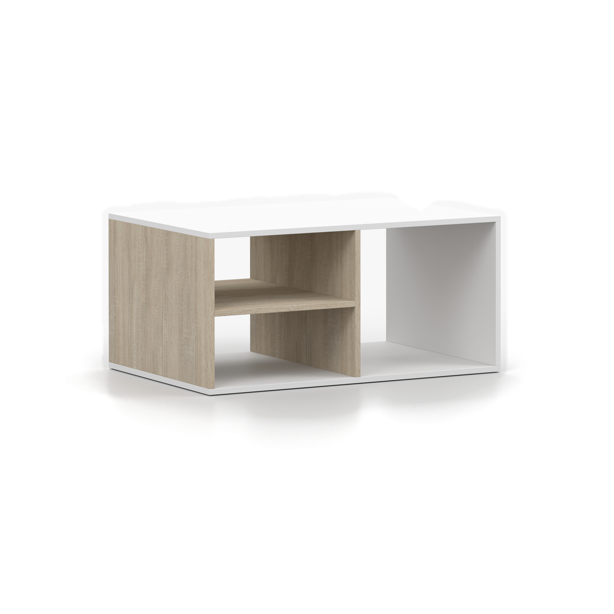 TRES Couchtisch 90 cm – Weiß / Sonoma-Eiche – Schrägansicht