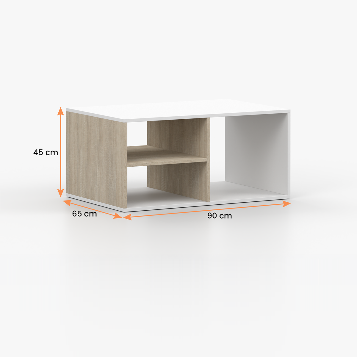 TRES Couchtisch 90 cm – Weiß / Sonoma-Eiche – Vermassung