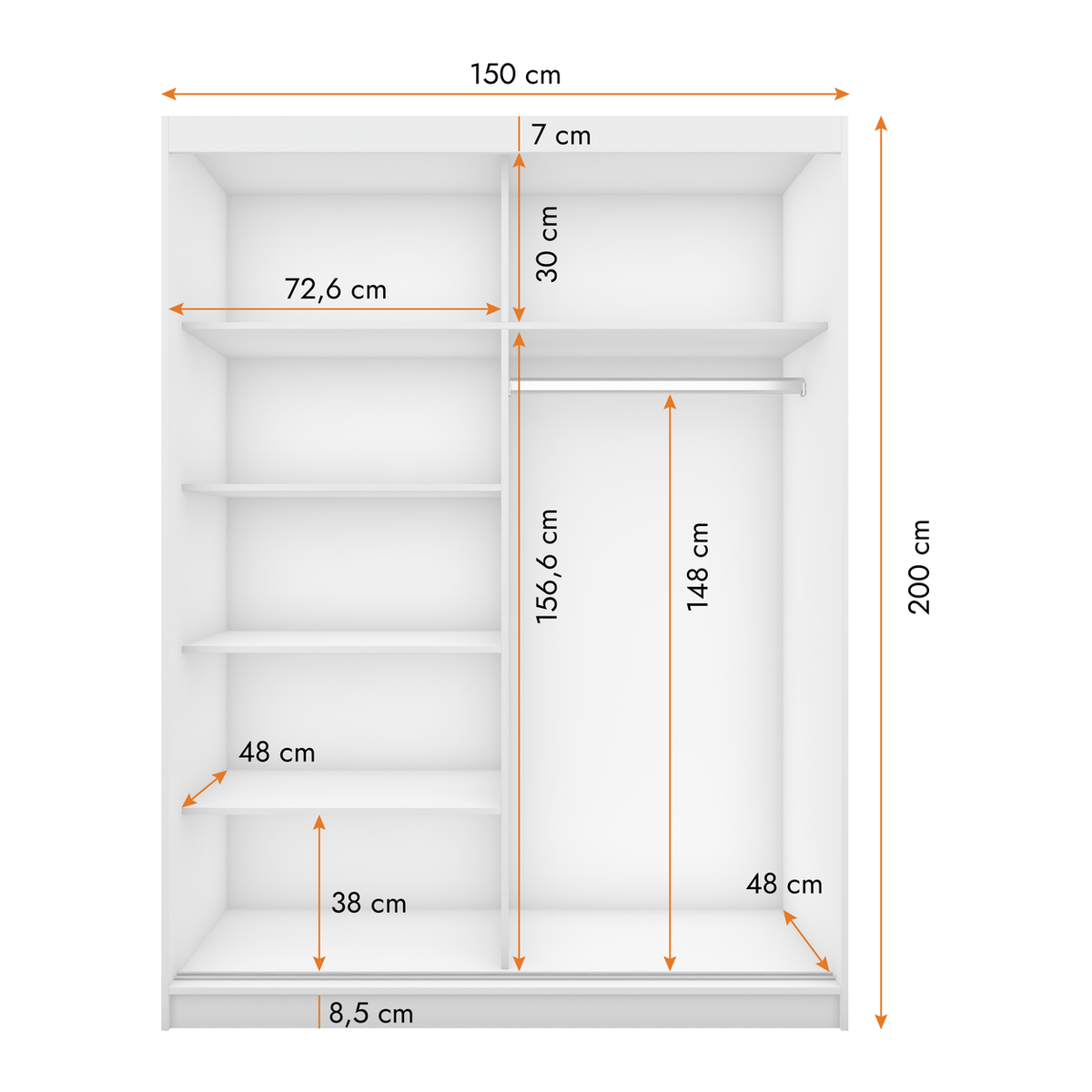 VISTA 01 Schwebetürenschrank 150 cm mit Spiegel – Maße