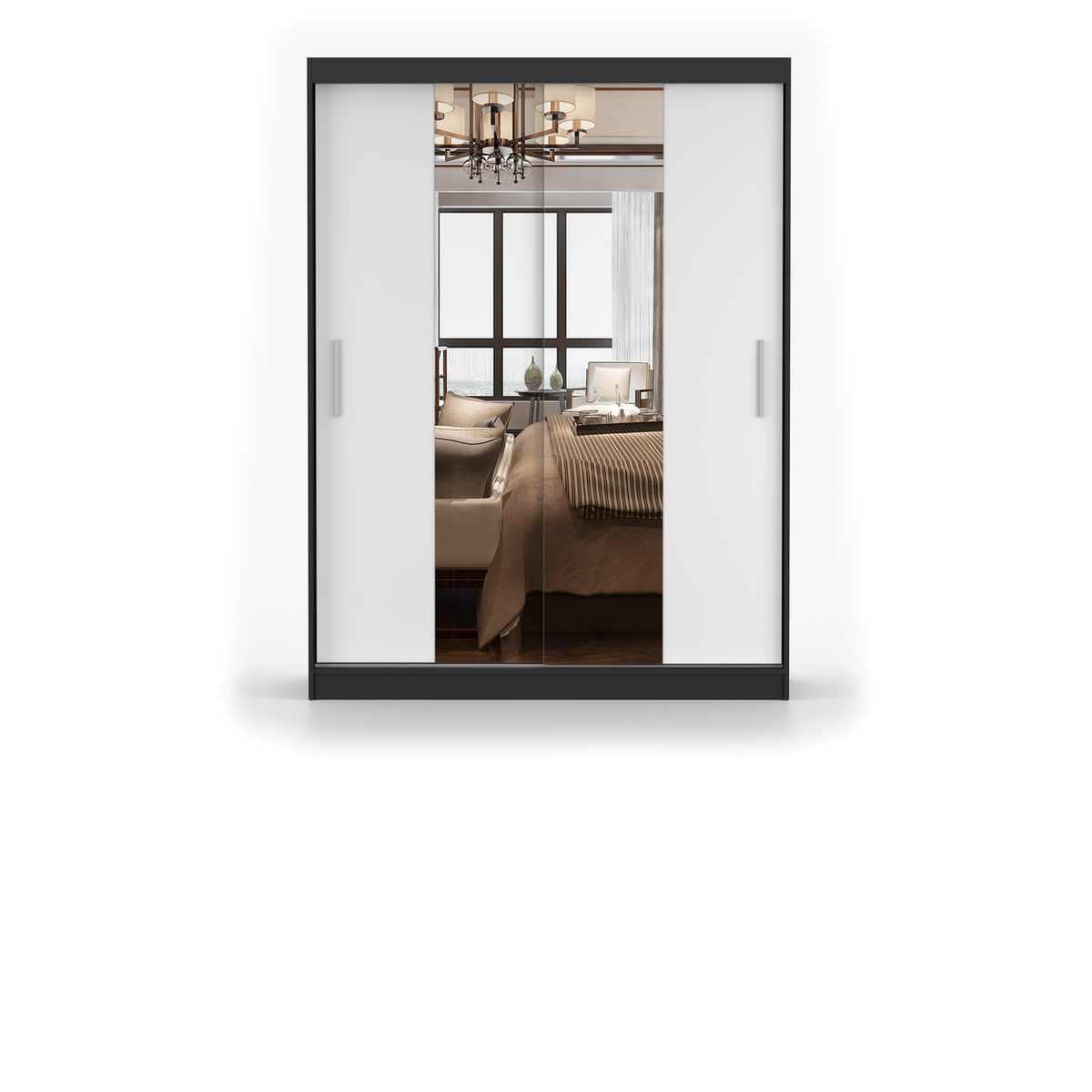 VISTA 01 Schwebetürenschrank 150 cm mit Spiegel – Schwarz - Weiß