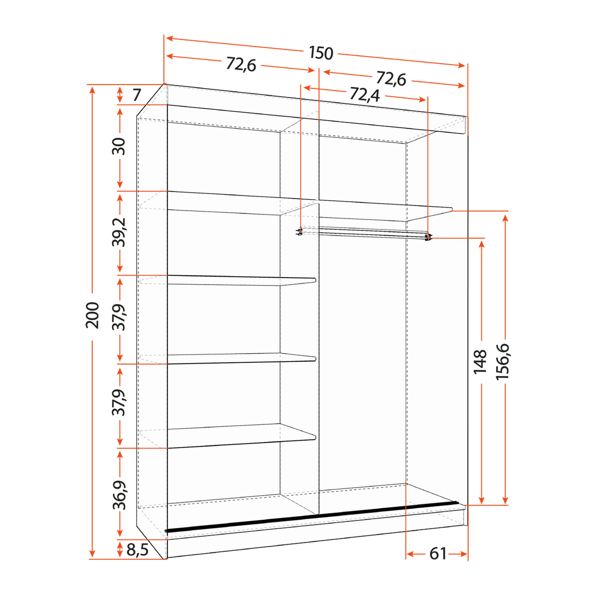 VISTA 06 Schwebetürenschrank 150 cm ohne Spiegel – Maße