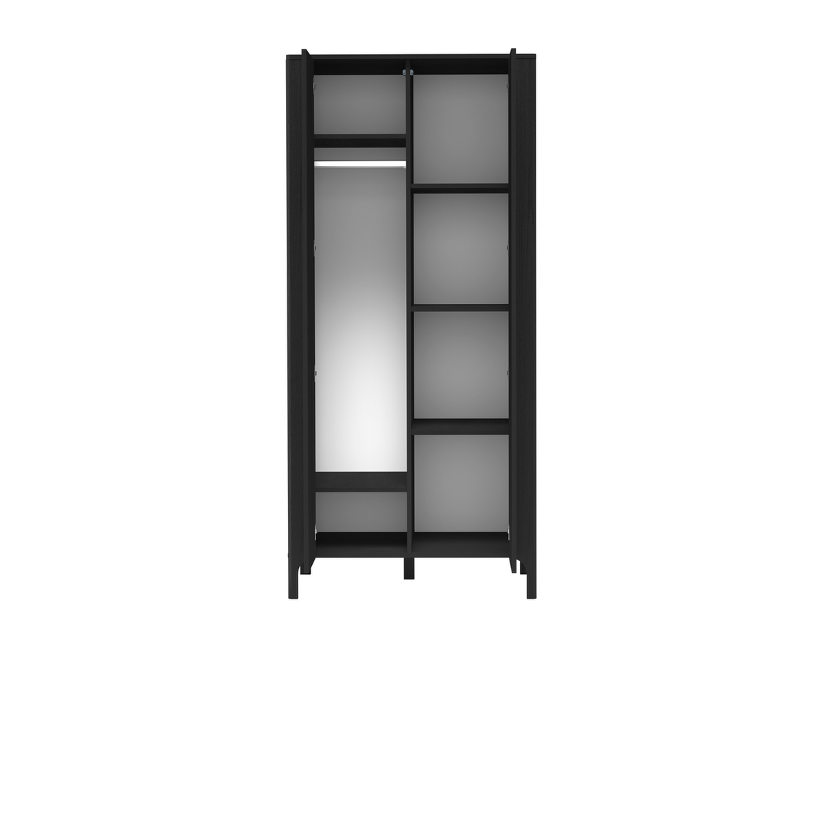 ZELUNEO Kleiderschrank 90 cm – Schwarz-Dekor – Innenansicht geöffnet