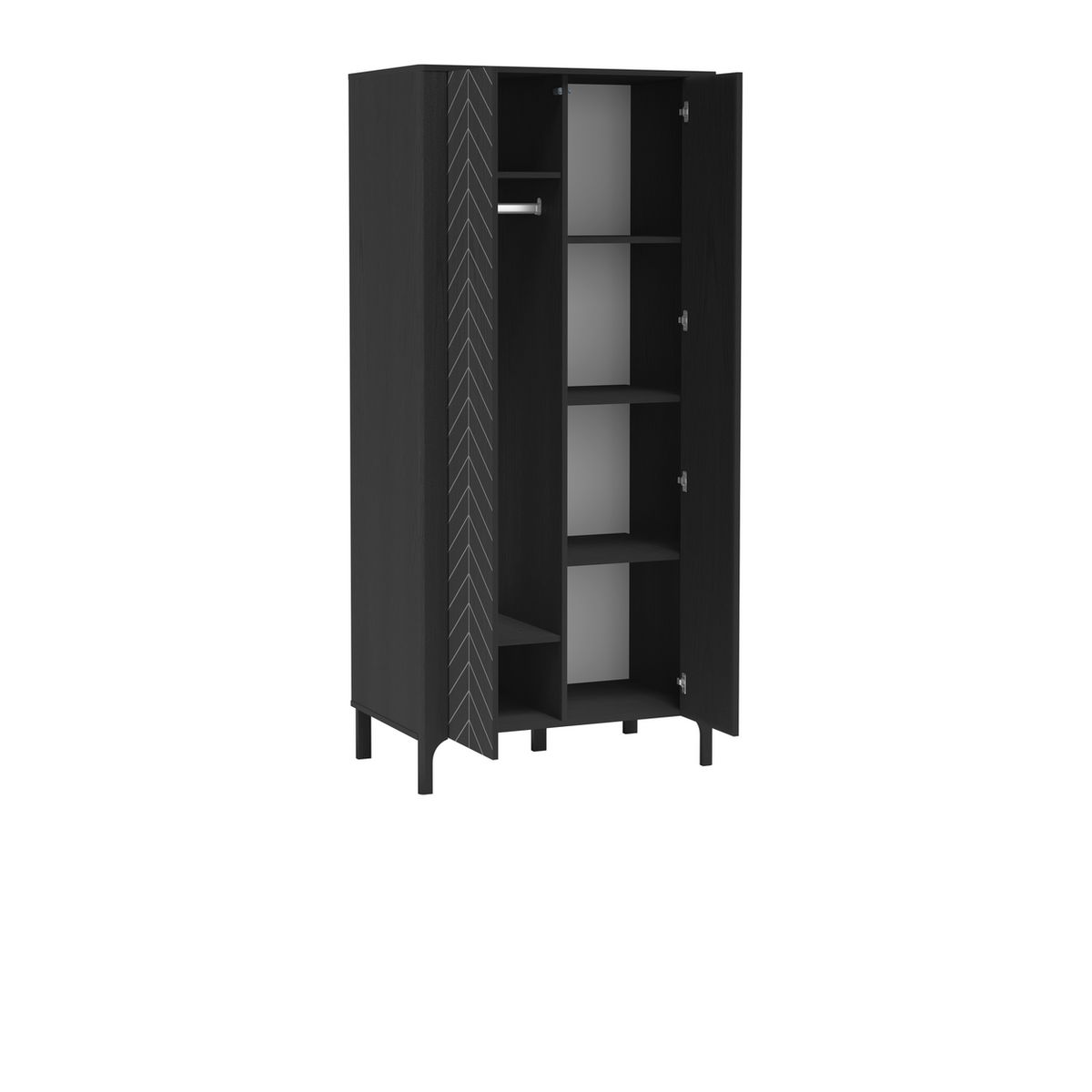 ZELUNEO Kleiderschrank 90 cm – Schwarz-Dekor – Innenansicht geöffnet