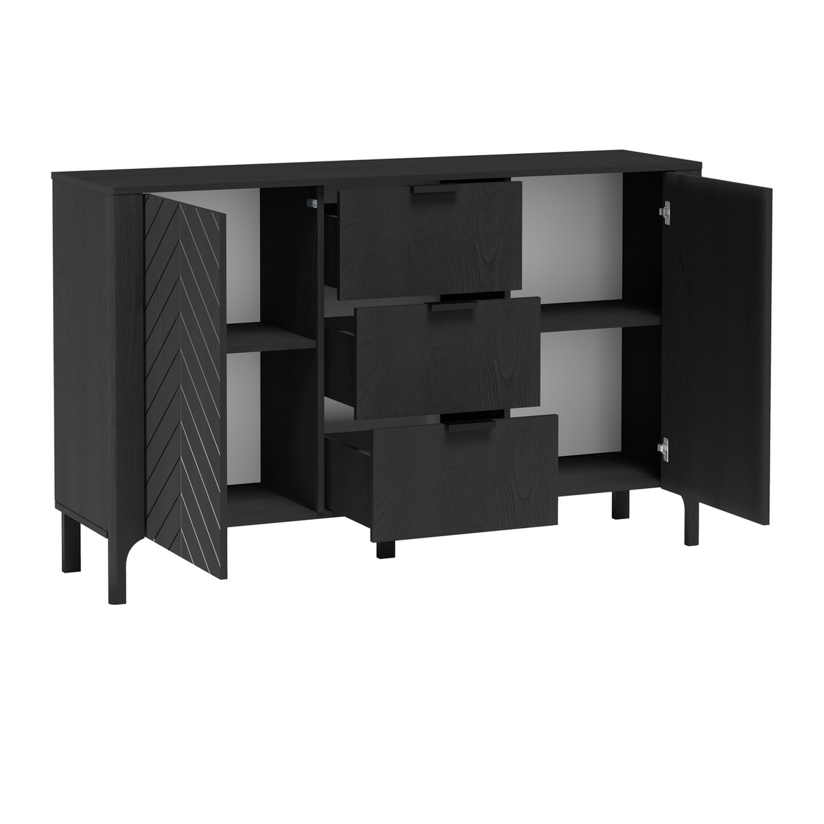ZELUNEO Kommode 153 cm – Schwarz-Dekor – Innenansicht geöffnet