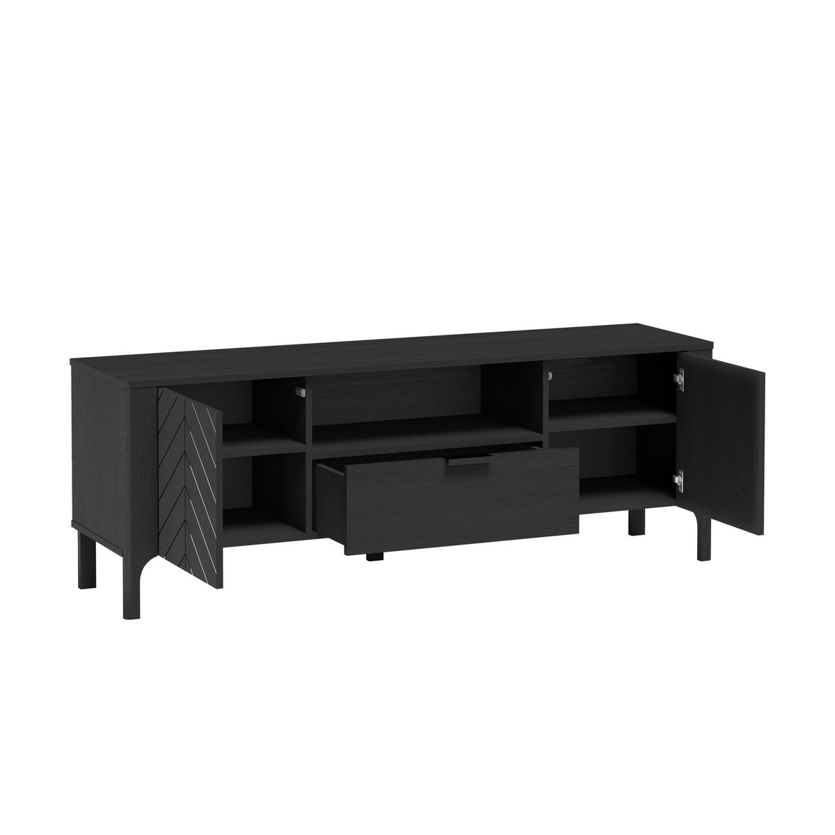 ZELUNEO TV-Board 160 cm – Schwarz-Dekor – Innenansicht geöffnet