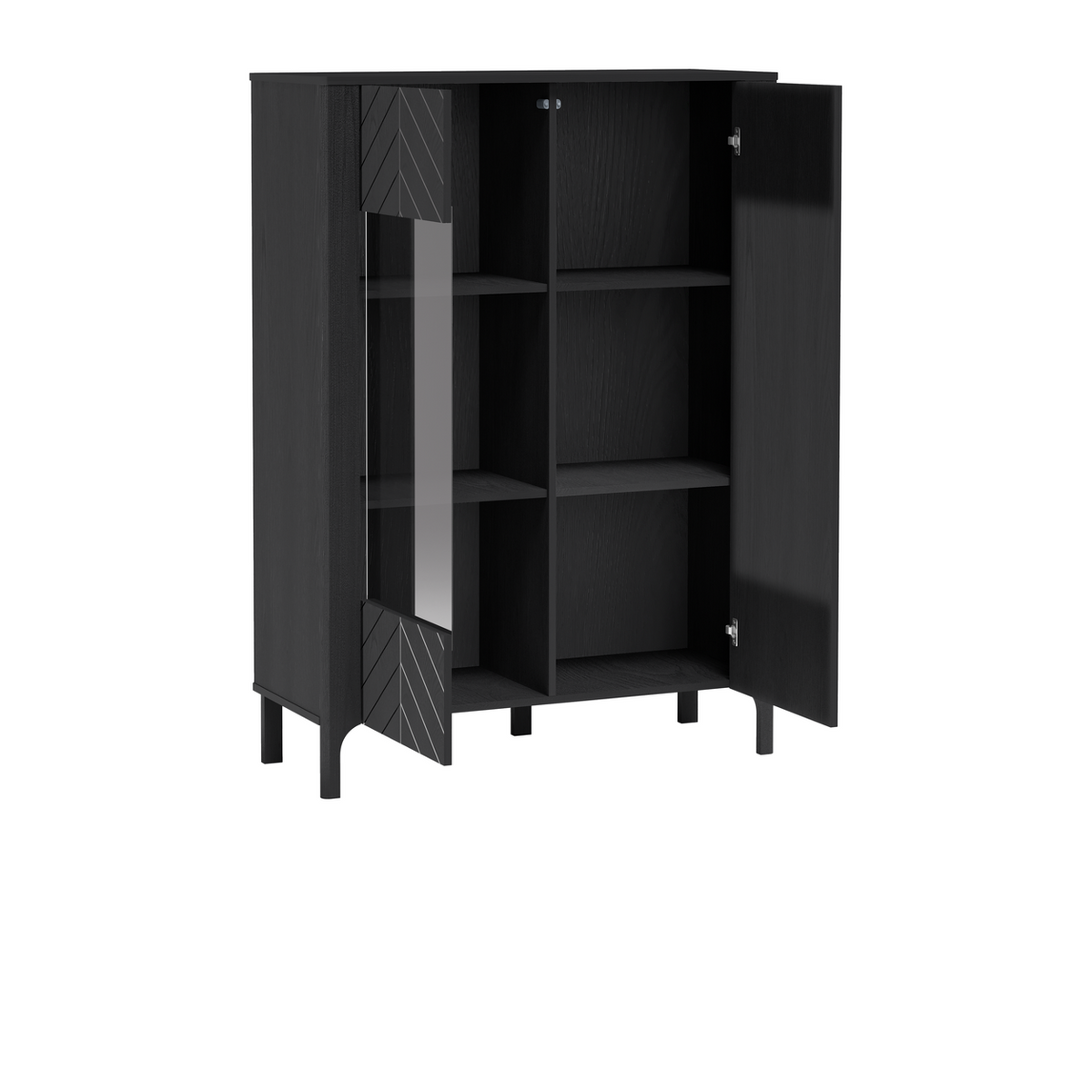 ZELUNEO Vitrinen-Highboard 103 cm – Schwarz-Dekor – Innenansicht geöffnet