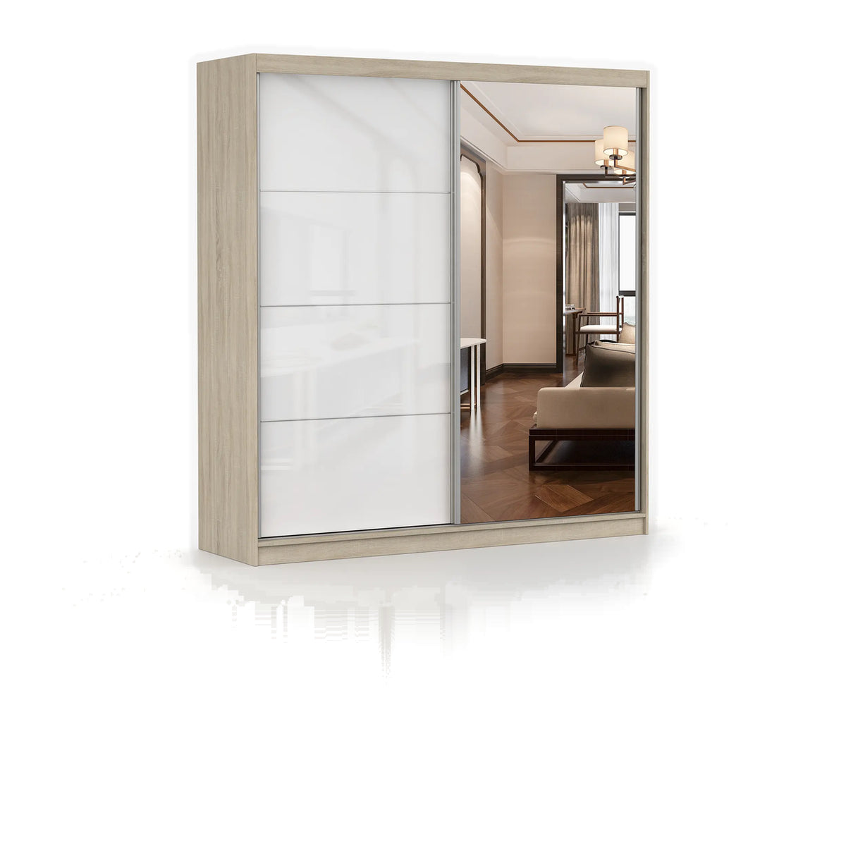 POLA 35 Schwebetürenschrank 203 cm – Weiß Hochglanz mit Spiegel – Ansicht