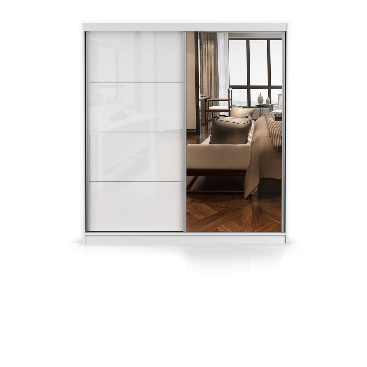 POLA 35 Schwebetürenschrank 203 cm – Weiß Hochglanz mit Spiegel – Ansicht – Weiß / Weiß Hochglanz