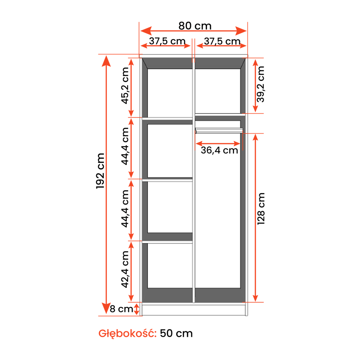 SMYK Kleiderschrank 2D 80 cm – Maßzeichnung