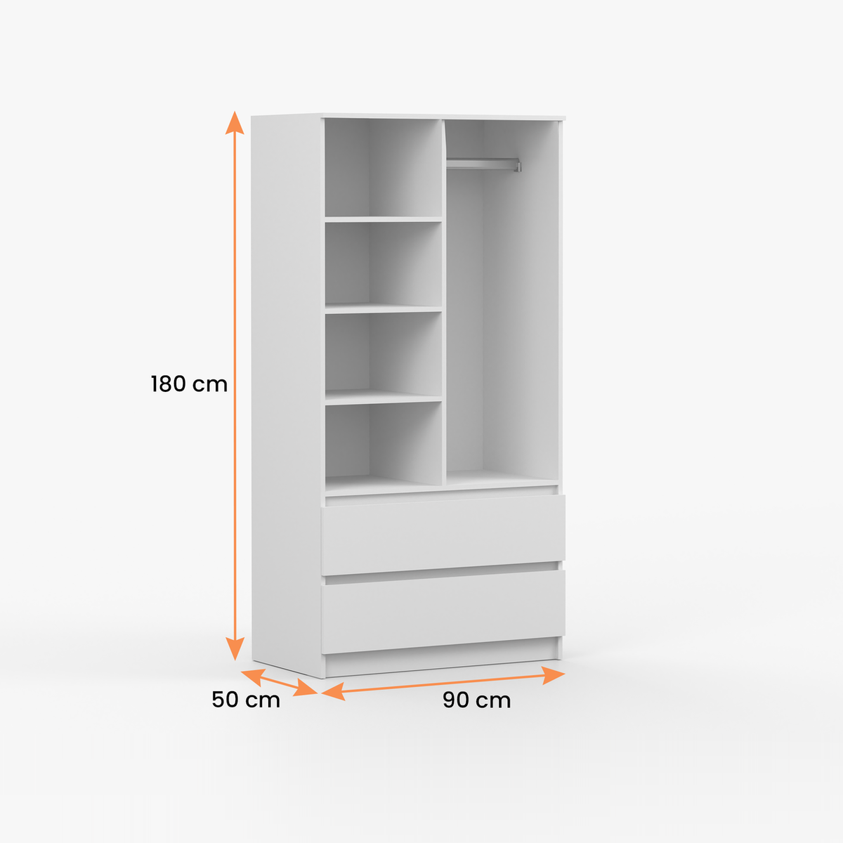 SOLO Kleiderschrank 2D2S 90 cm – Weiß – Maßzeichnung